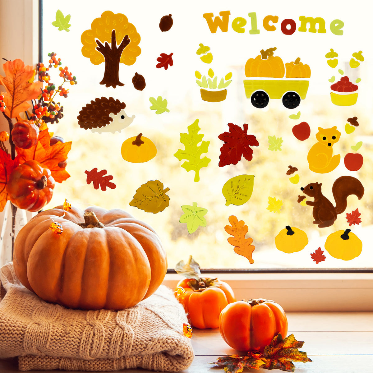 Reusable Autumn Decoration Set of 4 Double-Sided Fall Harvest Gel Window Clings