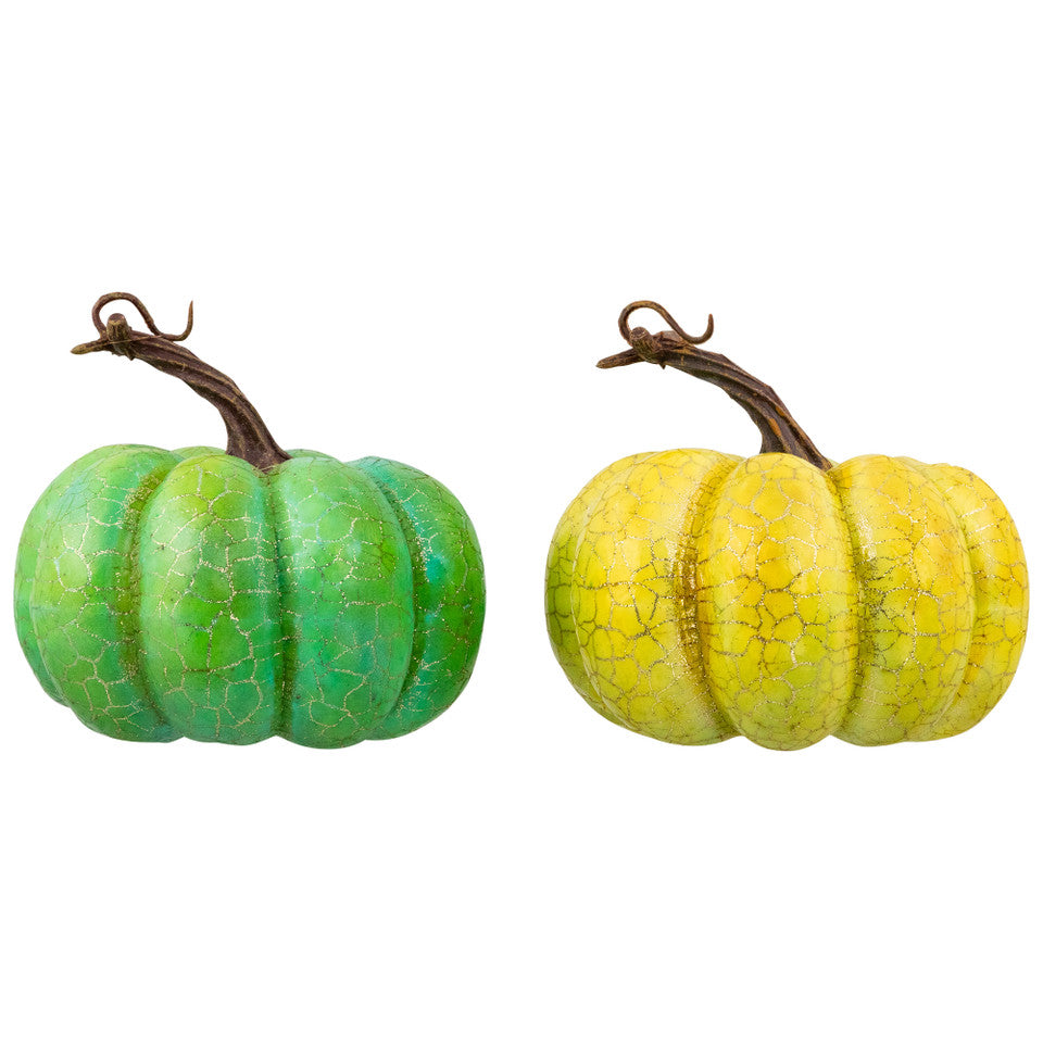 Set of 2 Green and Gold Crackle Finish Pumpkins (5") Elegant Fall Harvest Decorations