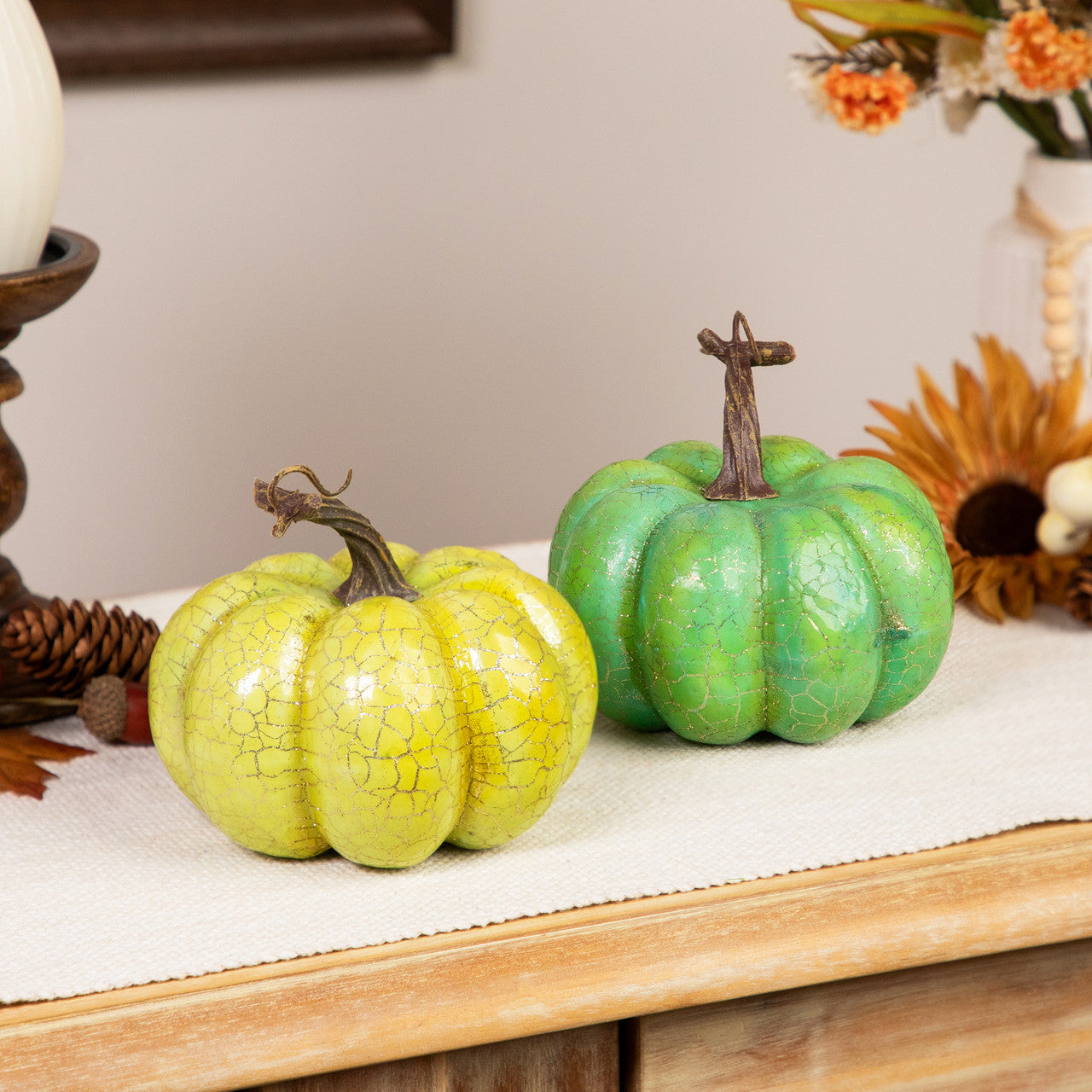 Set of 2 Green and Gold Crackle Finish Pumpkins (5") Elegant Fall Harvest Decorations