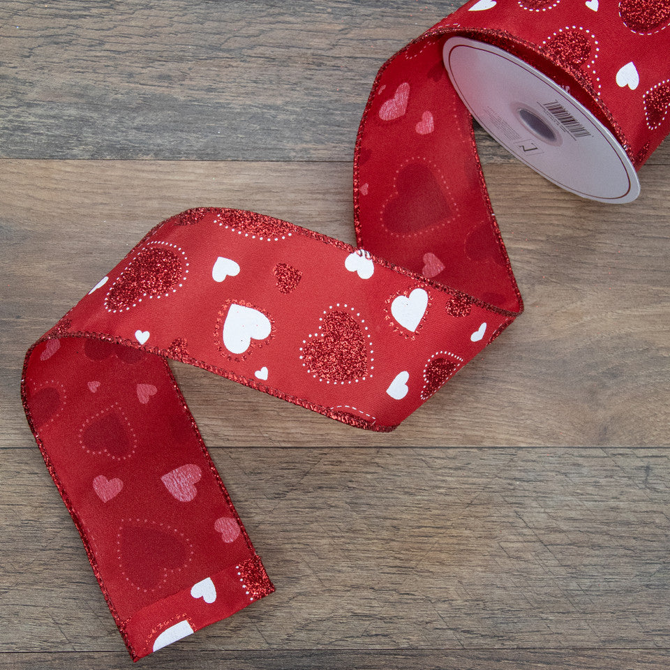 Valentine's Day Decor Ribbon 2.5" x 10 Yards Red and White Glitter Hearts