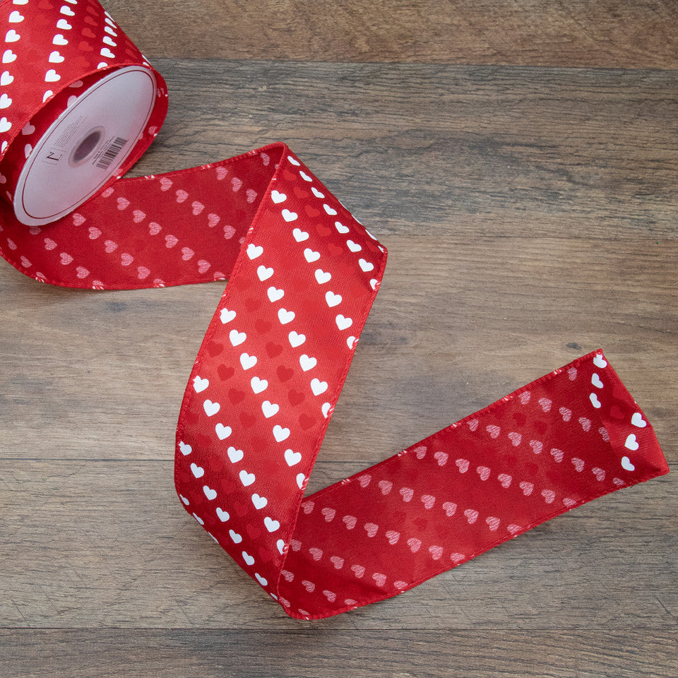 Diagonal Hearts Wired Craft Ribbon Red White 2.5" x 10 Yards for Valentine's Day Decoration