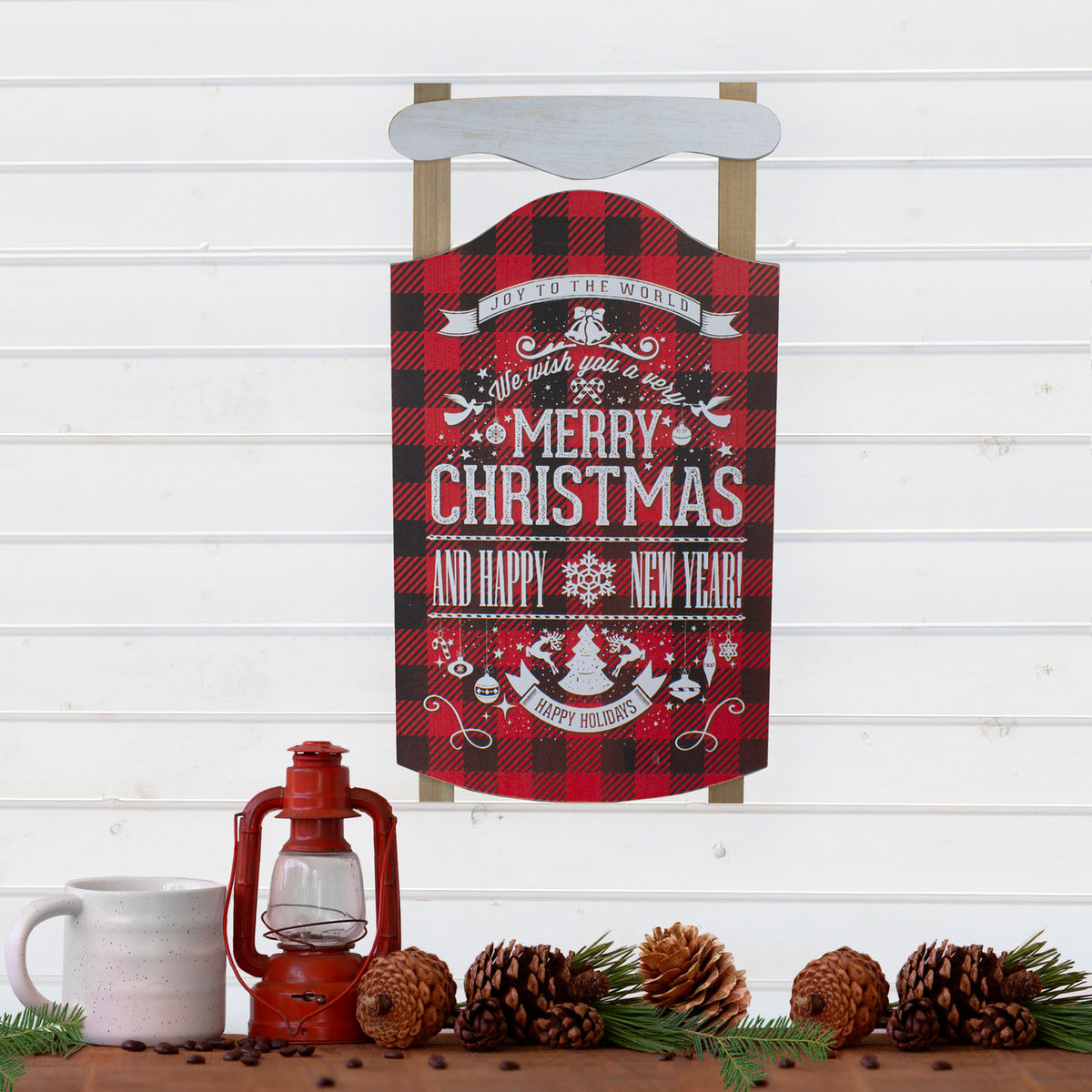 Buffalo Plaid Merry Christmas Sled Wooden Hanging Wall Sign 24&quot; for Home Decor