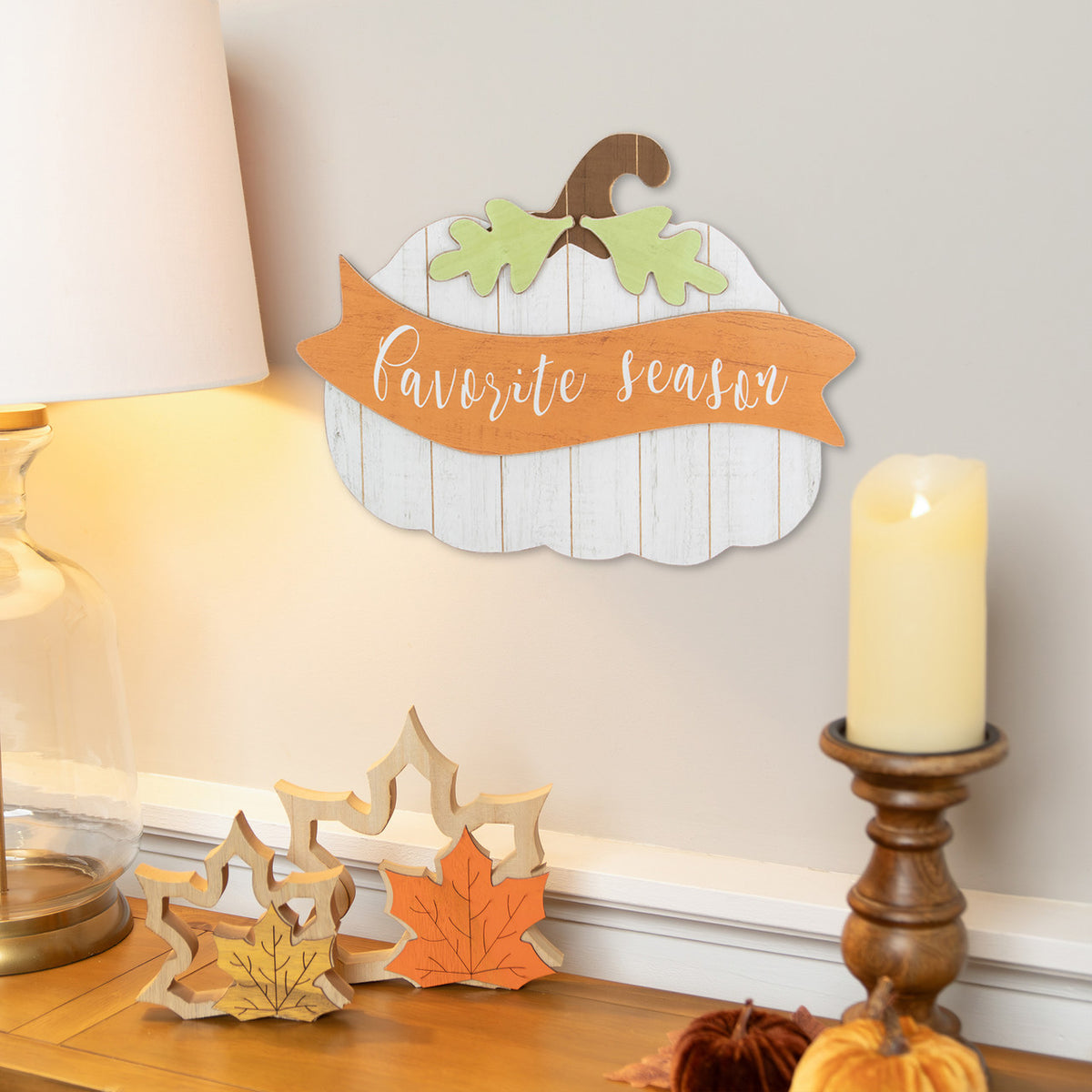 Rustic 19&quot; Wooden Pumpkin Favorite Season Sign White Hanging Fall Harvest Wall Decor