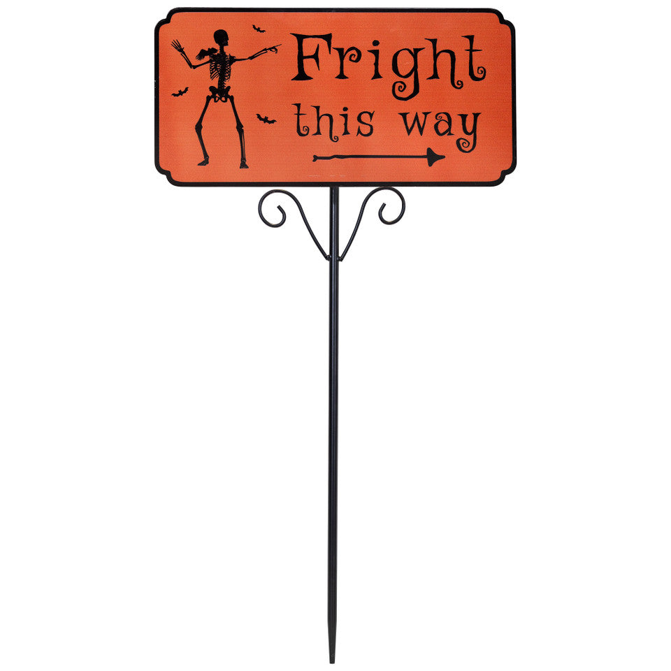 Skeleton "Fright This Way" Sign 27.5-Inch Metal Halloween Lawn Stake