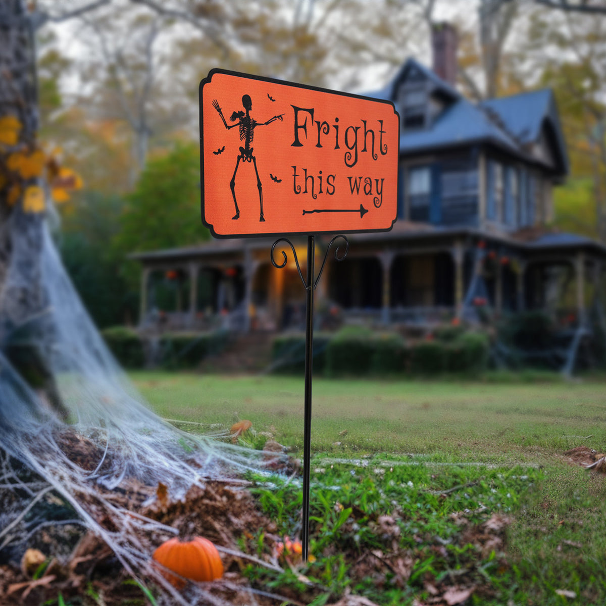 Skeleton &quot;Fright This Way&quot; Sign 27.5-Inch Metal Halloween Lawn Stake