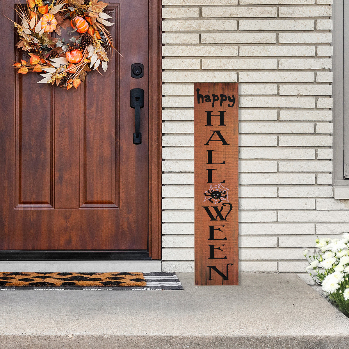 Outdoor Happy Halloween Wooden Board Sign 3-Foot Spooky Porch Decor with Spider Accent
