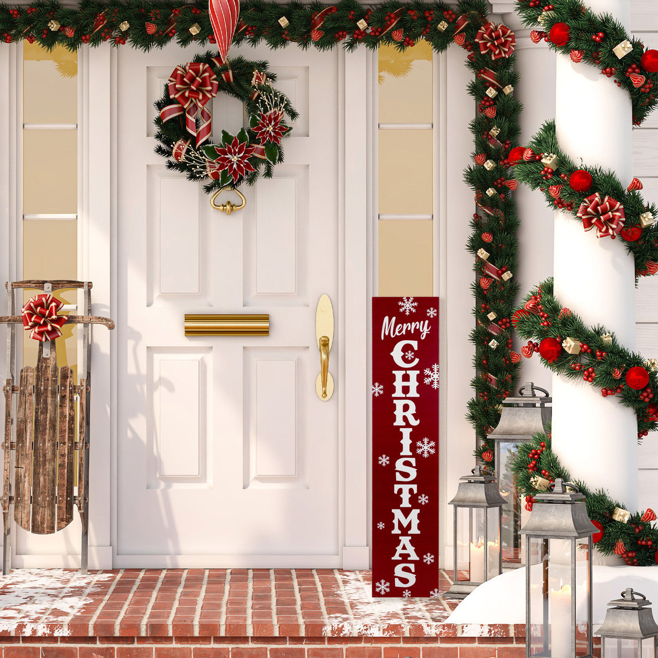 Christmas Porch Sign 36" Merry Christmas and Snowflake, Red