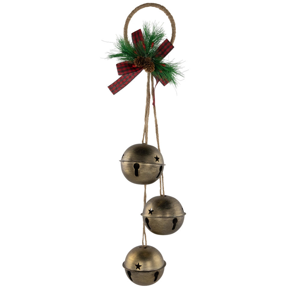 Classic Holiday Decor 20" Gold Jingle Bells with Plaid Bow Hanging Ornament