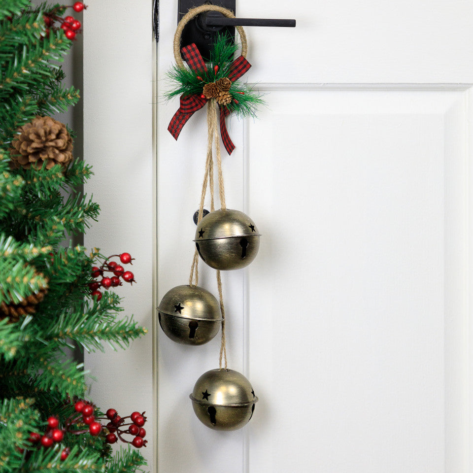 Classic Holiday Decor 20&quot; Gold Jingle Bells with Plaid Bow Hanging Ornament