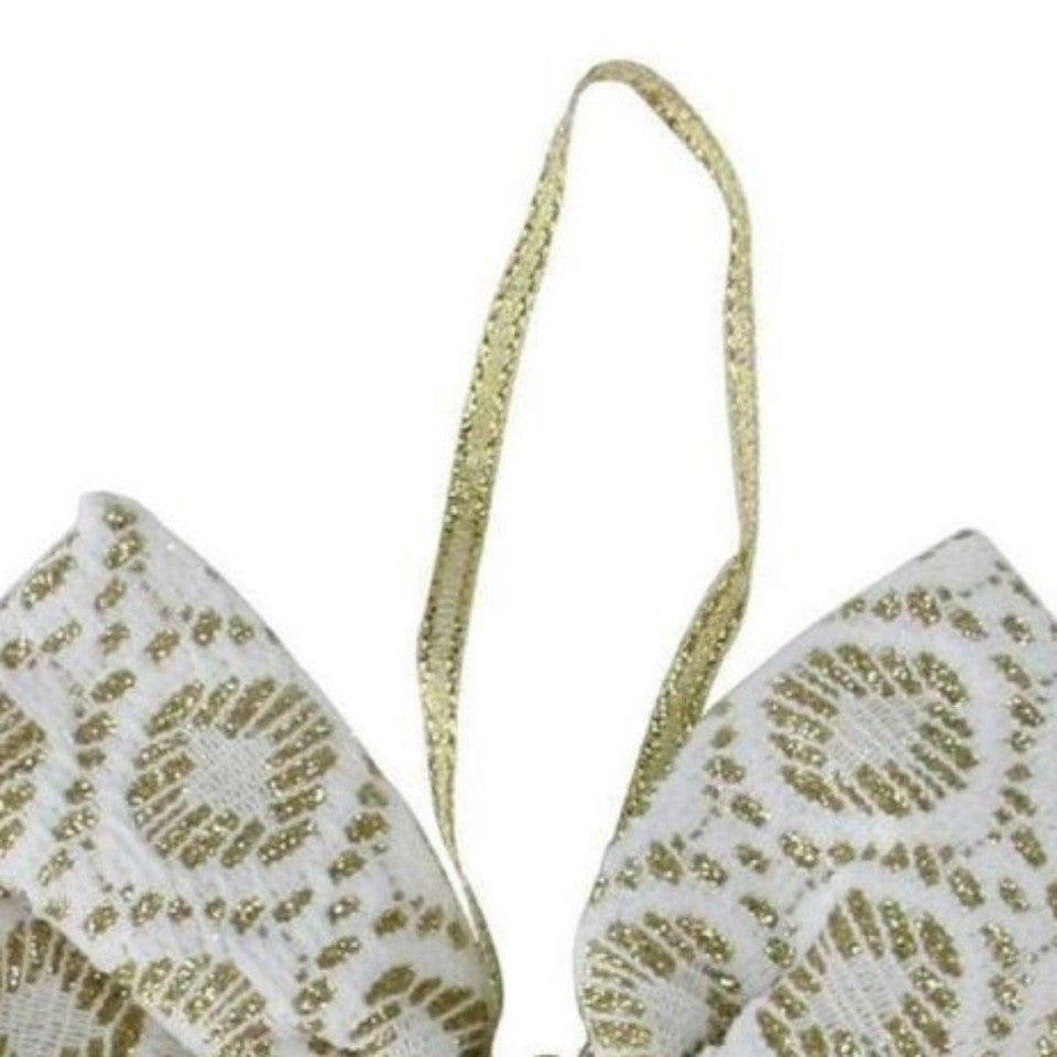 Elegant Christmas Decor 5.75&quot; White and Gold Double Loop Bow Accent