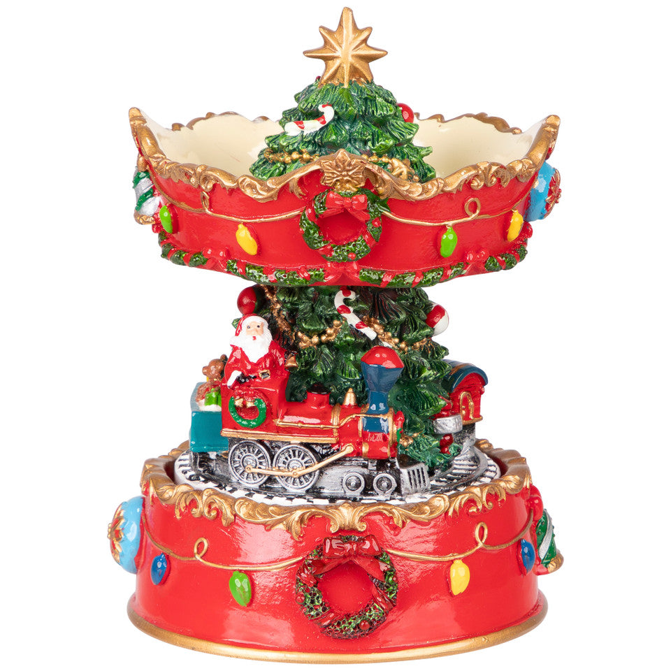 Musical and Animated Christmas Carousel 6 Inch – Santa on Train Figurine, Red and Gold Festive Tabletop Decor