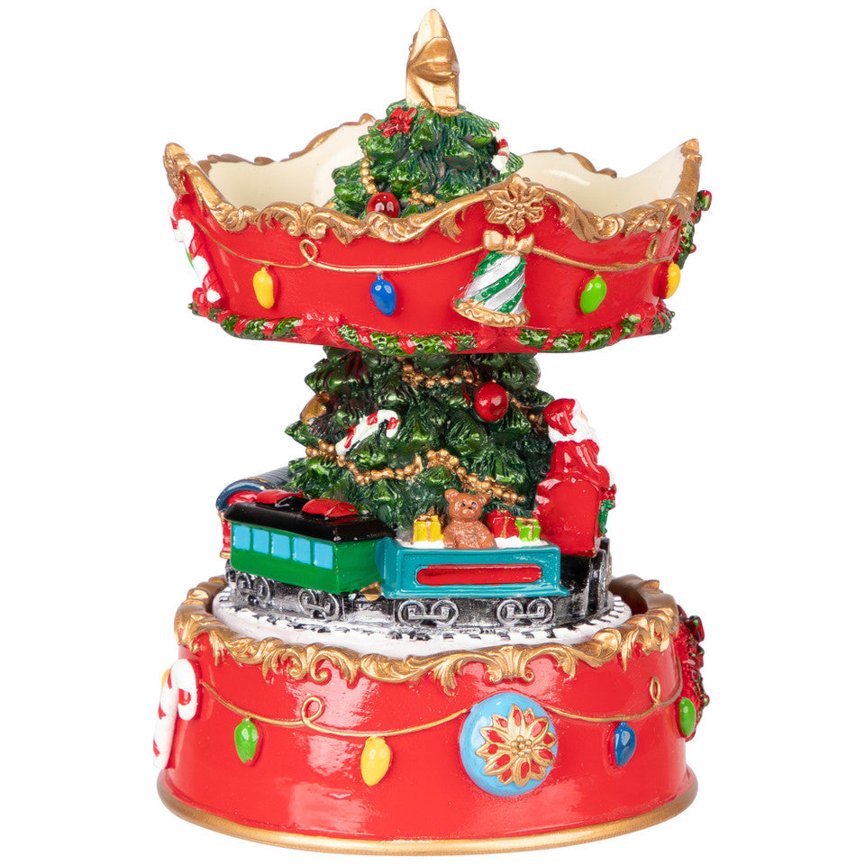 Musical and Animated Christmas Carousel 6 Inch – Santa on Train Figurine, Red and Gold Festive Tabletop Decor
