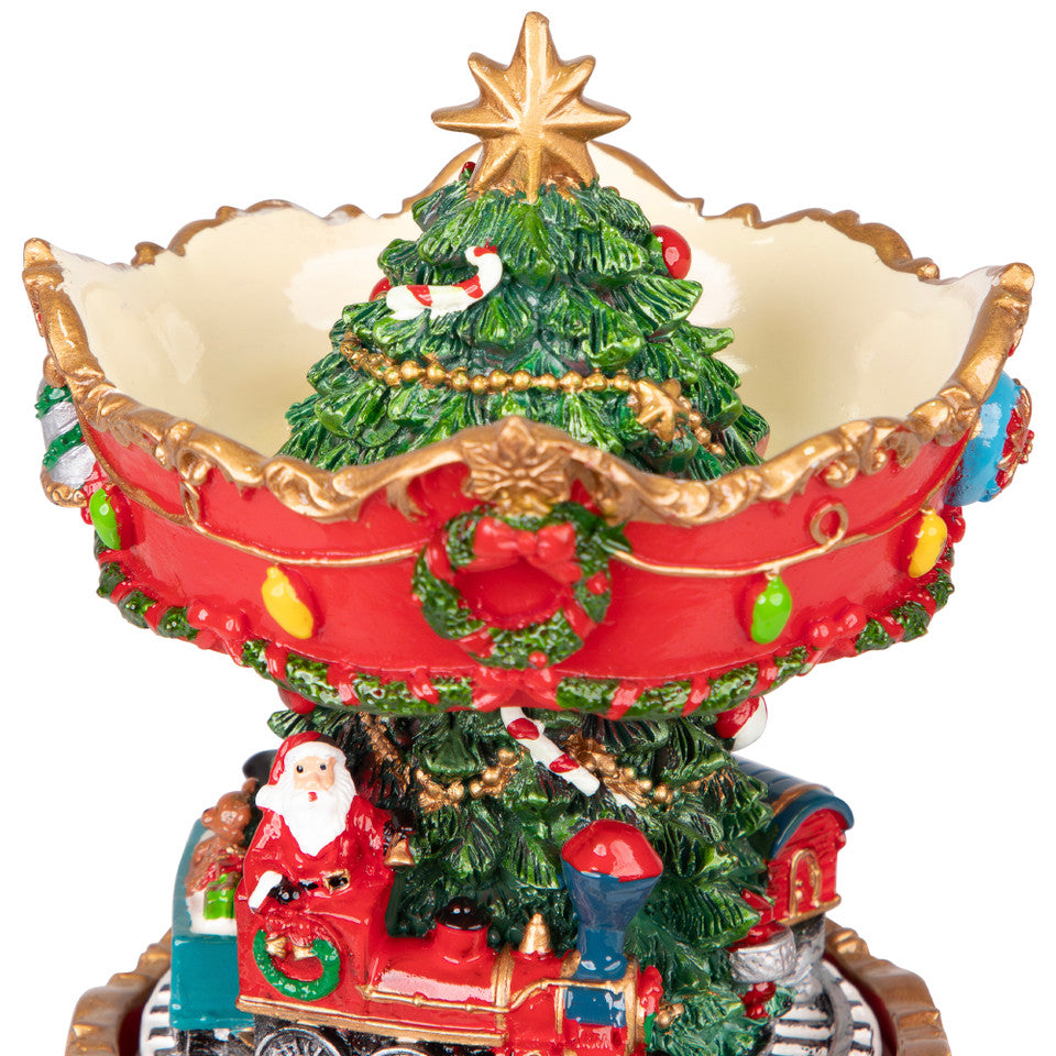 Musical and Animated Christmas Carousel 6 Inch – Santa on Train Figurine, Red and Gold Festive Tabletop Decor