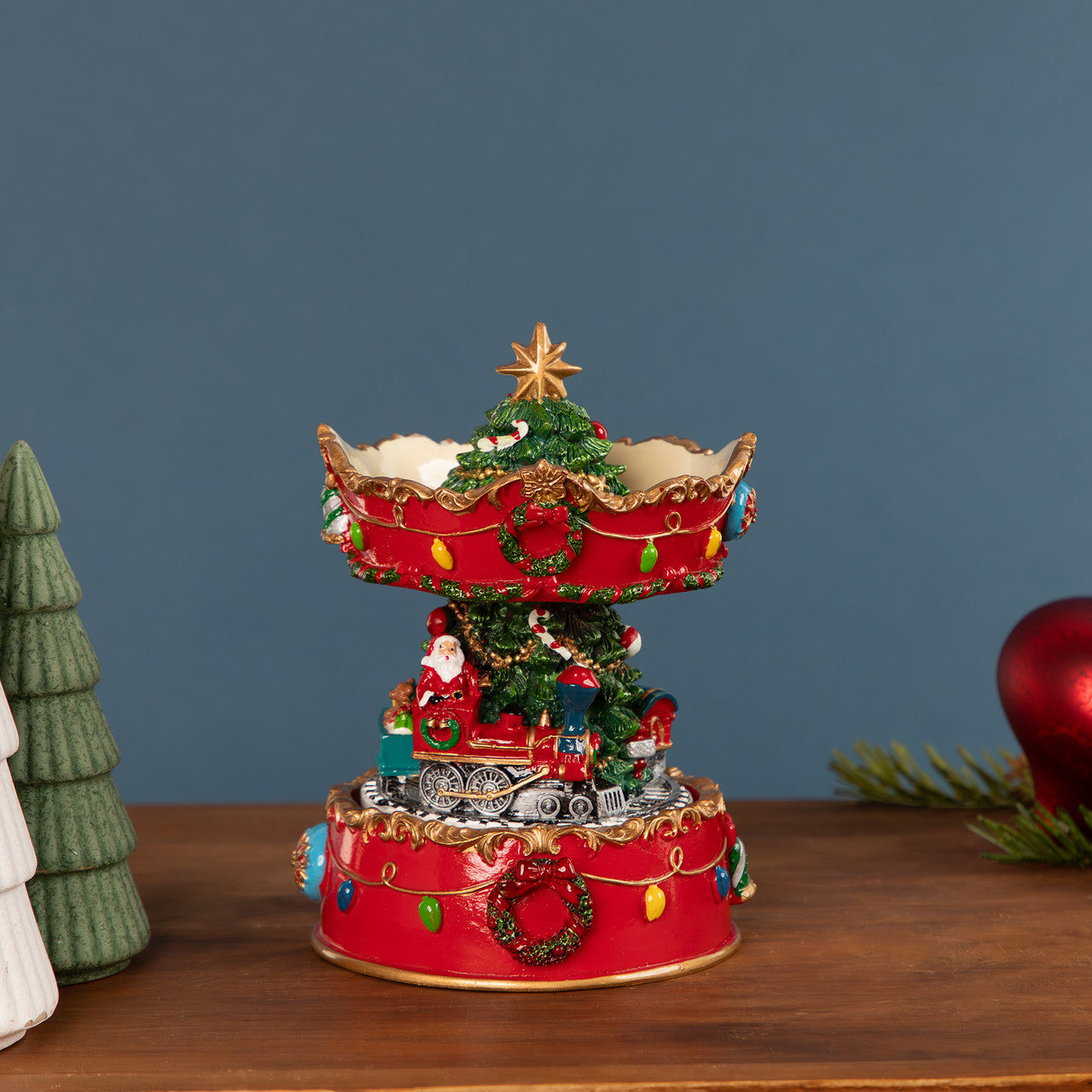 Musical and Animated Christmas Carousel 6 Inch – Santa on Train Figurine, Red and Gold Festive Tabletop Decor