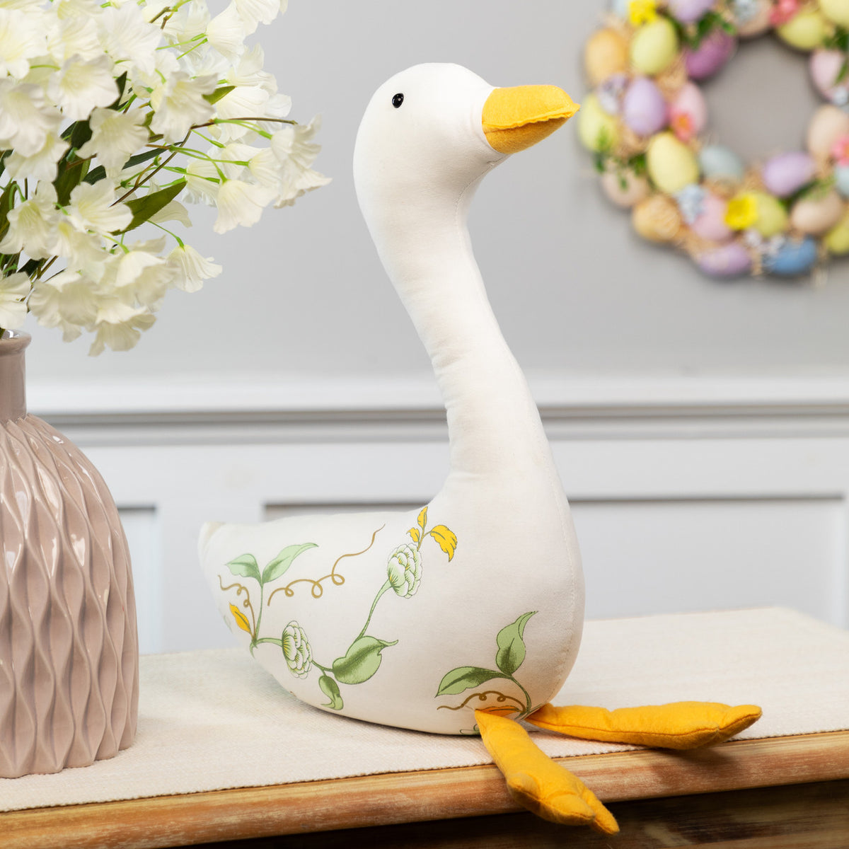 Plush Floral Easter Goose Decoration 16&quot; Spring Decor