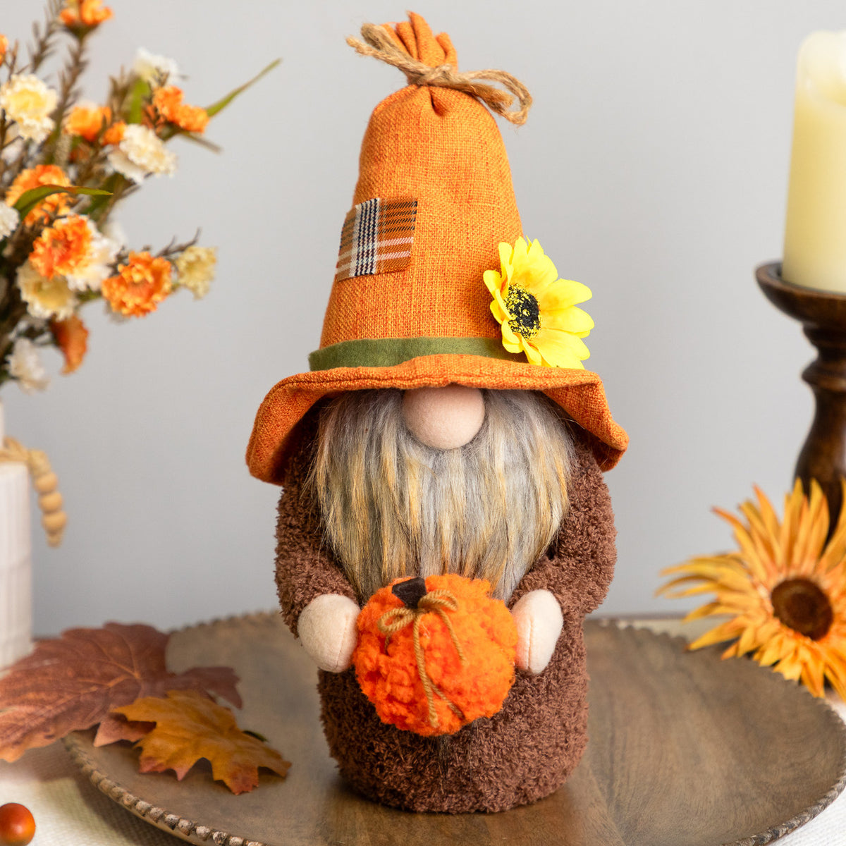 Sunflower and Pumpkin Fall Gnome Decor (13&quot;) Standing Autumn Harvest Accent Figure