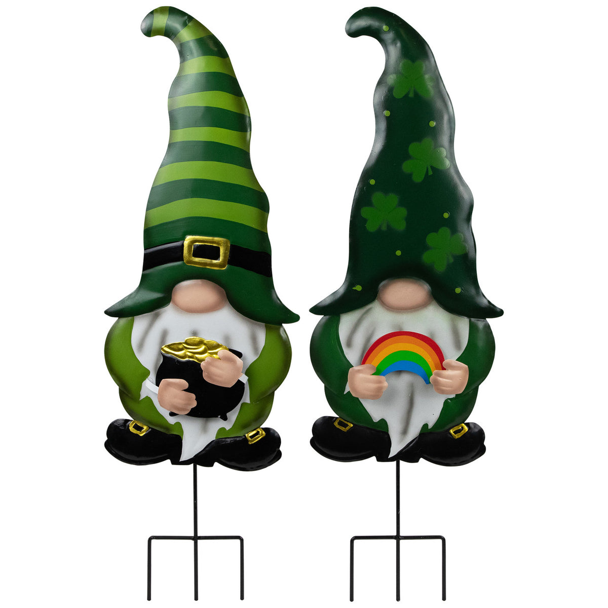 Gnomes St Patrick&#39;s Day Set of 2 Outdoor Garden Stakes Pot of Gold and Rainbow Gnomes