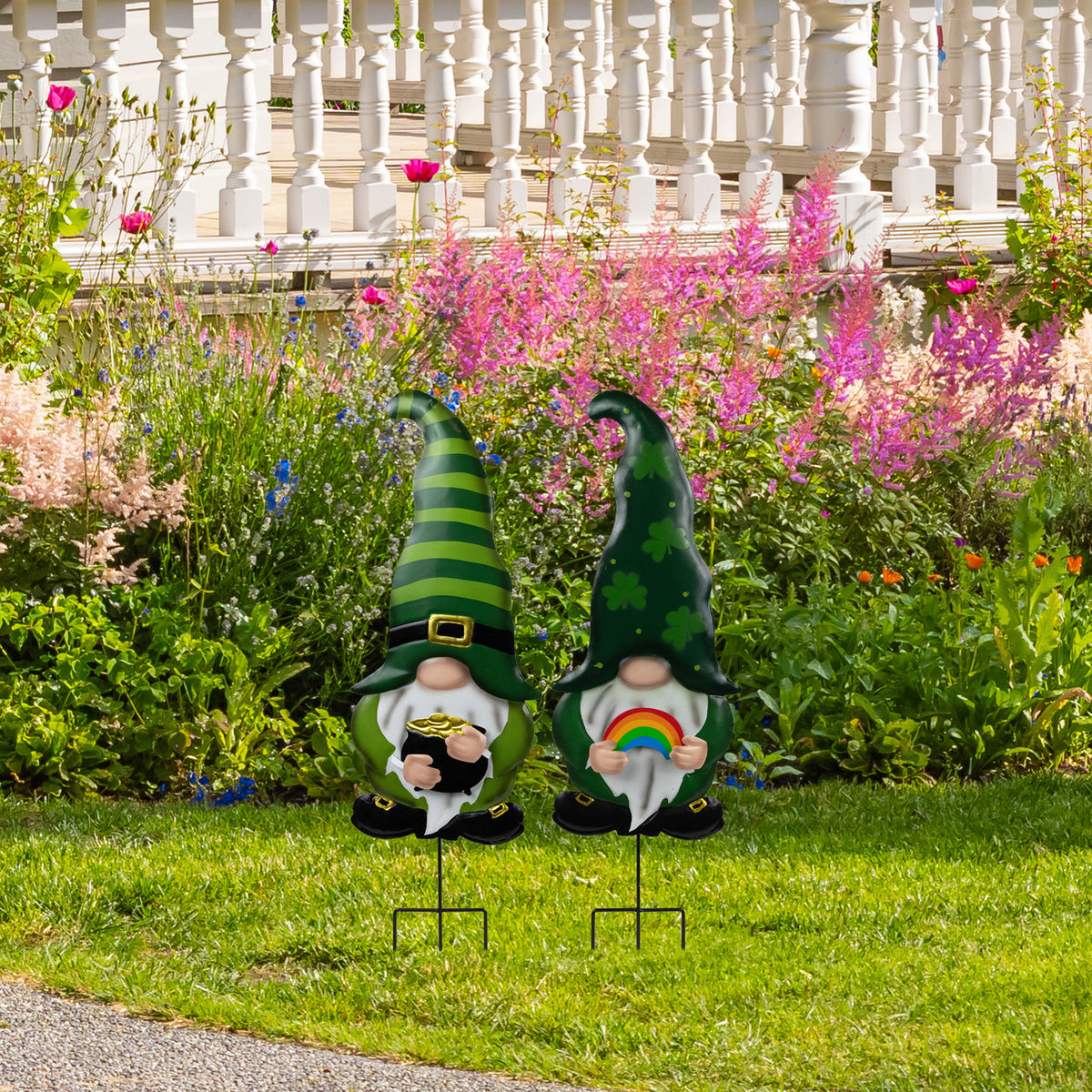 Gnomes St Patrick&#39;s Day Set of 2 Outdoor Garden Stakes Pot of Gold and Rainbow Gnomes