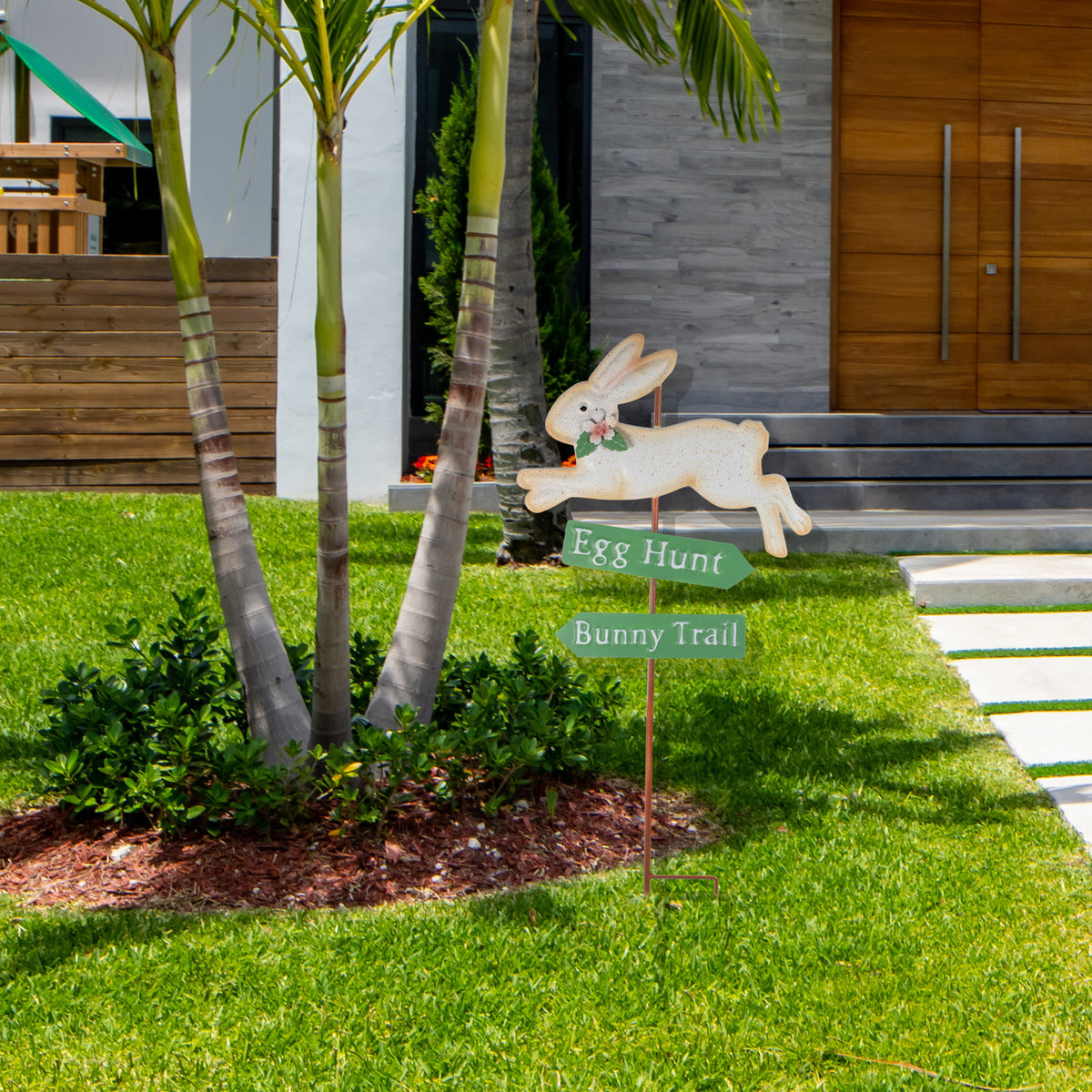 Outdoor Metal Spring Yard Stake 25.5&quot; Easter Egg Bunny Trail