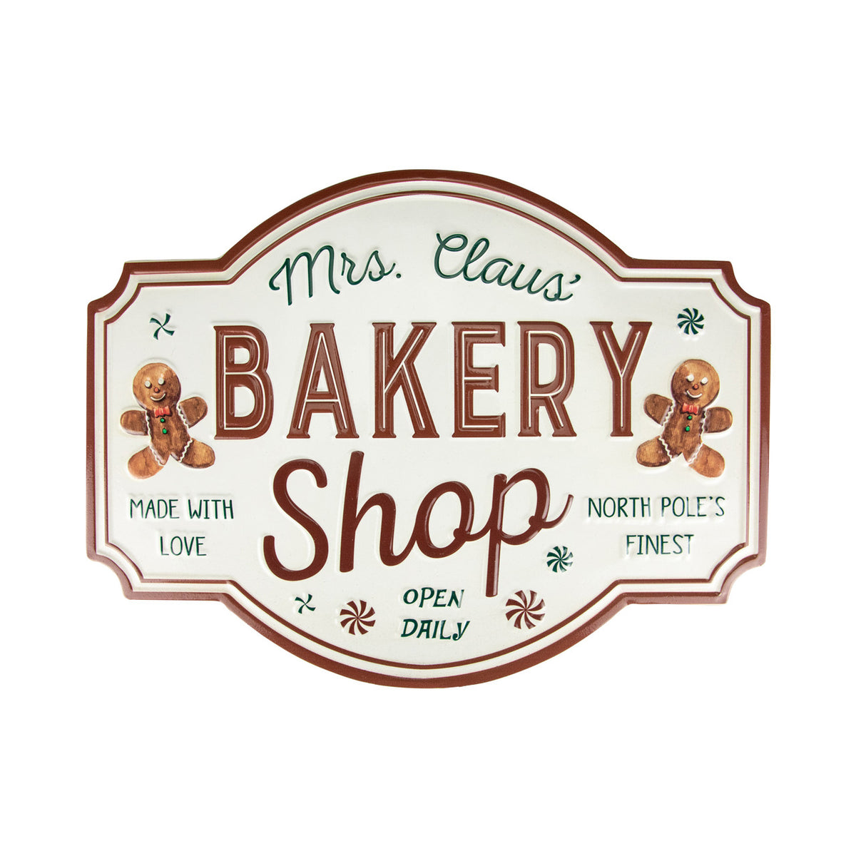 Gingerbread &quot;Mrs. Claus&#39; Bakery Shop&quot; Metal Christmas Wall Sign - 18 Inches