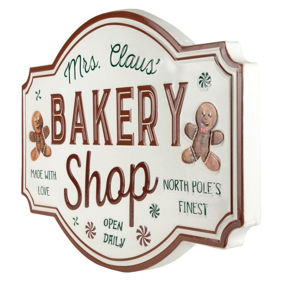 Gingerbread "Mrs. Claus' Bakery Shop" Metal Christmas Wall Sign - 18 Inches