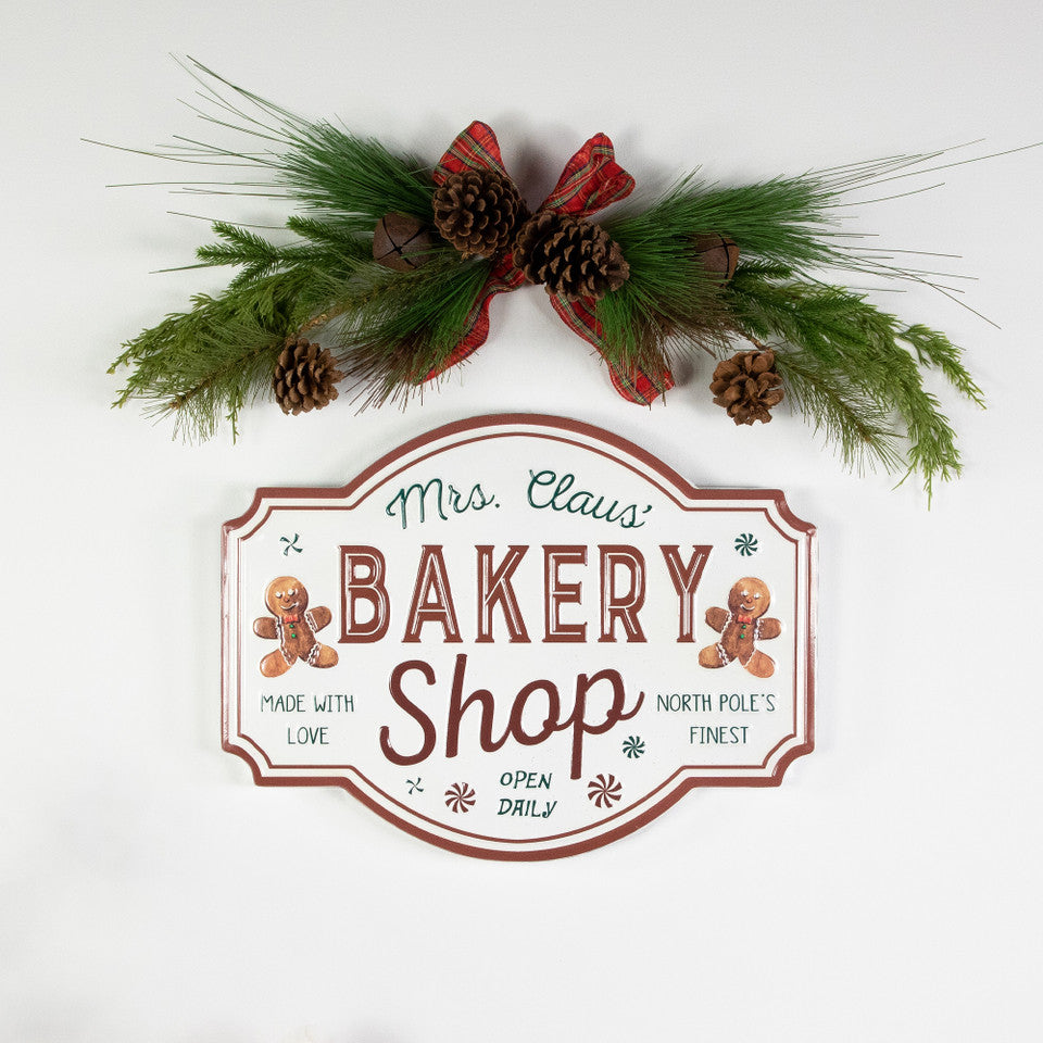 Gingerbread &quot;Mrs. Claus&#39; Bakery Shop&quot; Metal Christmas Wall Sign - 18 Inches