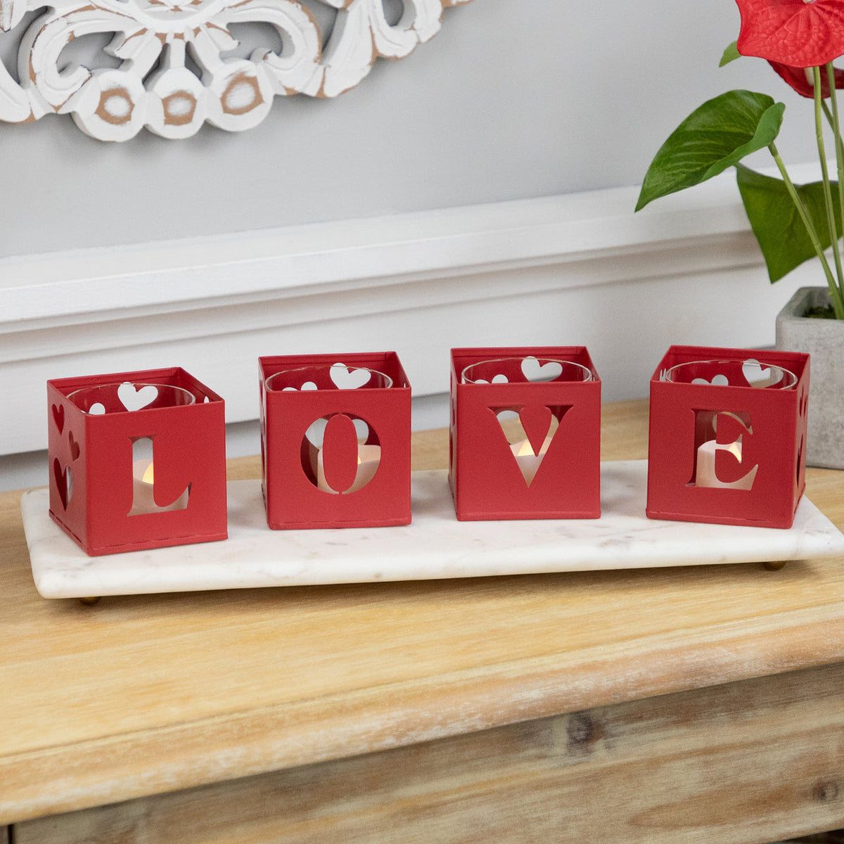 Love Blocks Metal Votive Candle Holders 2.75&quot; Set of 4 for Valentines Day Decoration