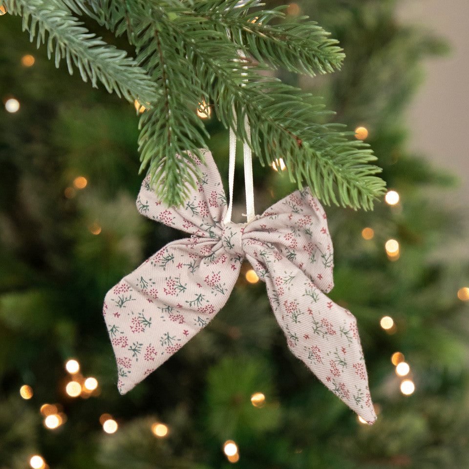 Pink Floral Single Loop Christmas Bow – 5.5&quot; Small Holiday Decoration and Tree Accent