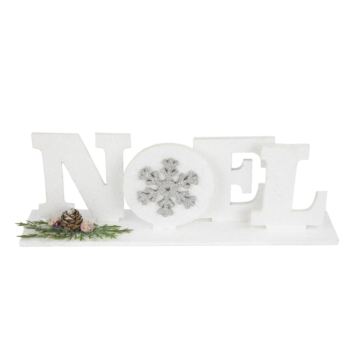 Noel and Snowflake Sign 10.25&quot; White and Silver Holiday Decor with Pinecone