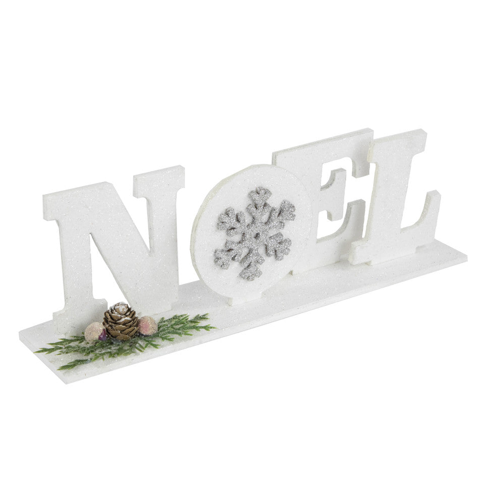 Noel and Snowflake Sign 10.25&quot; White and Silver Holiday Decor with Pinecone