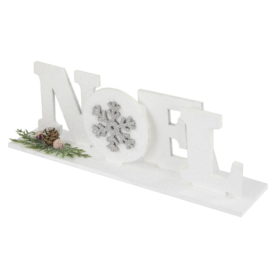 Noel and Snowflake Sign 10.25&quot; White and Silver Holiday Decor with Pinecone