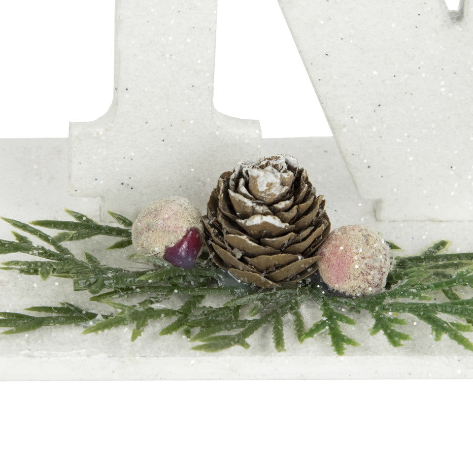 Noel and Snowflake Sign 10.25" White and Silver Holiday Decor with Pinecone