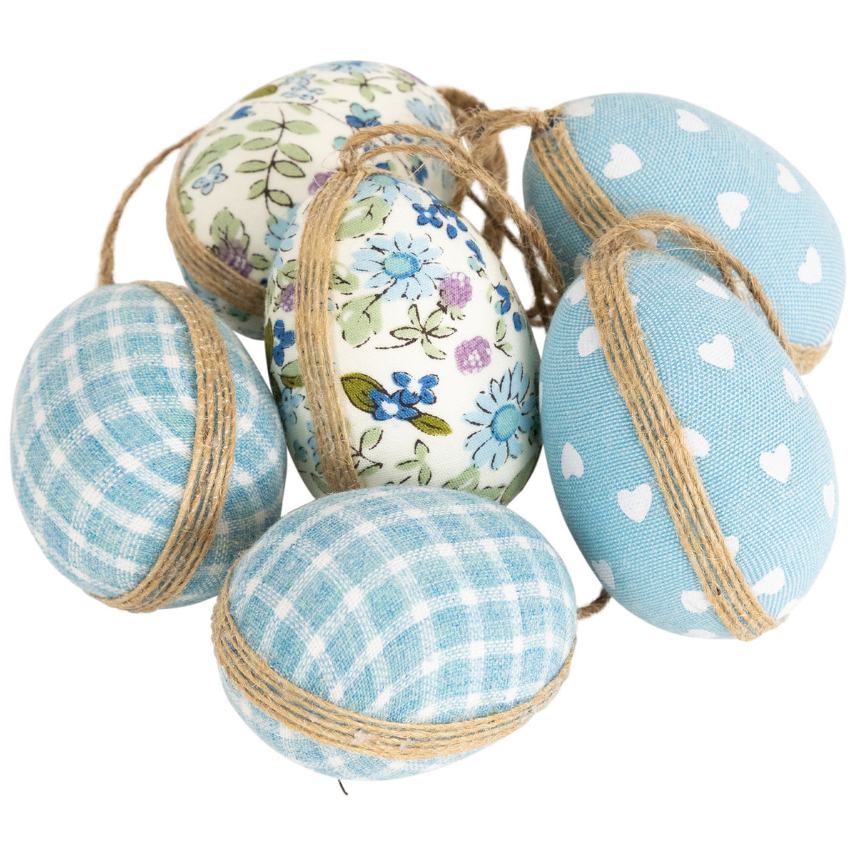 Blue Fabric Easter Eggs 5.75&quot; Ornament Set 6 Pieces