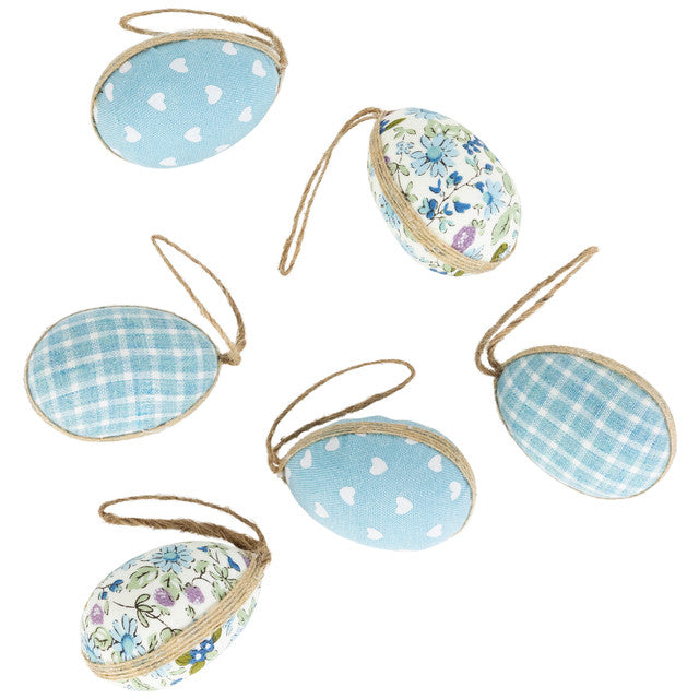 Blue Fabric Easter Eggs 5.75" Ornament Set 6 Pieces