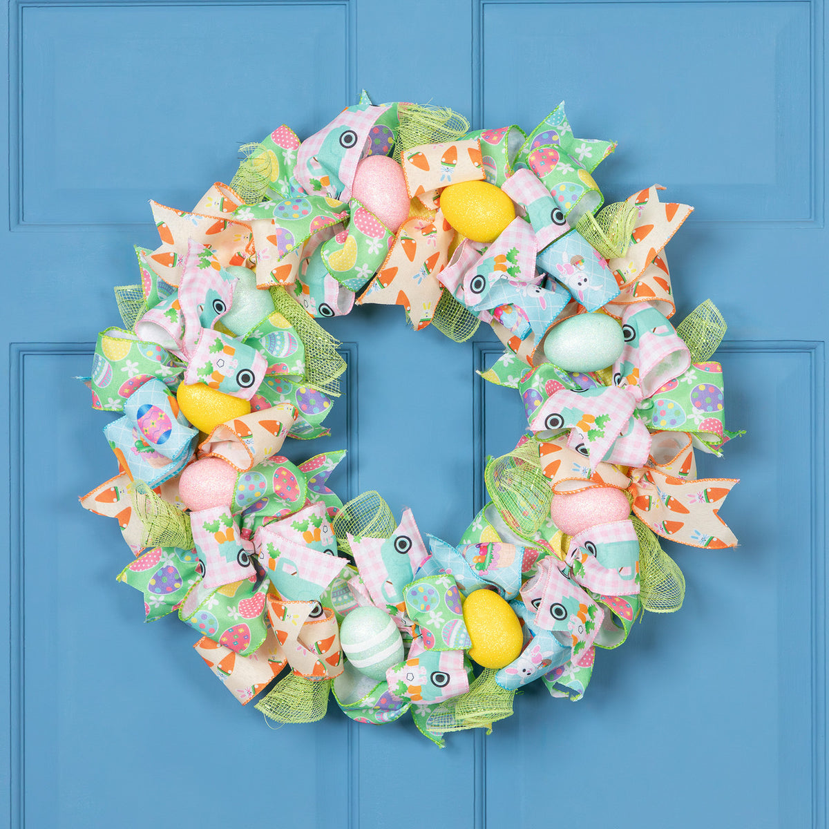 Pastel Easter Egg and Ribbons Wreath 22 Inch Spring Decor