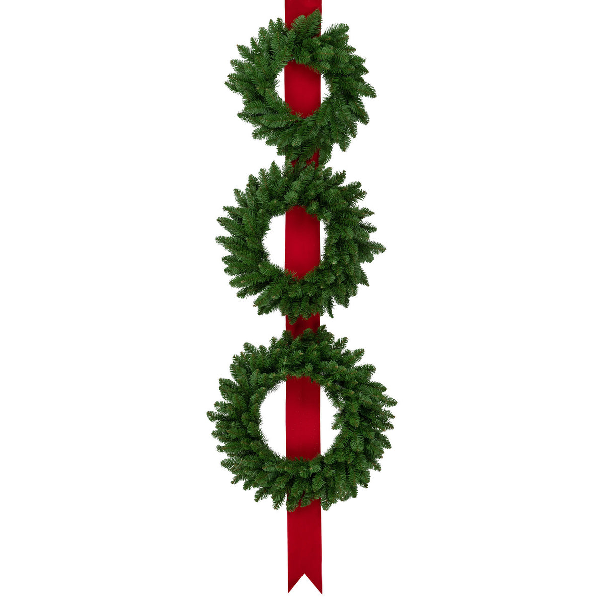 Set of 3 Festive Christmas Wreaths on 6.5&#39; Red Ribbon Hanging Holiday Decor