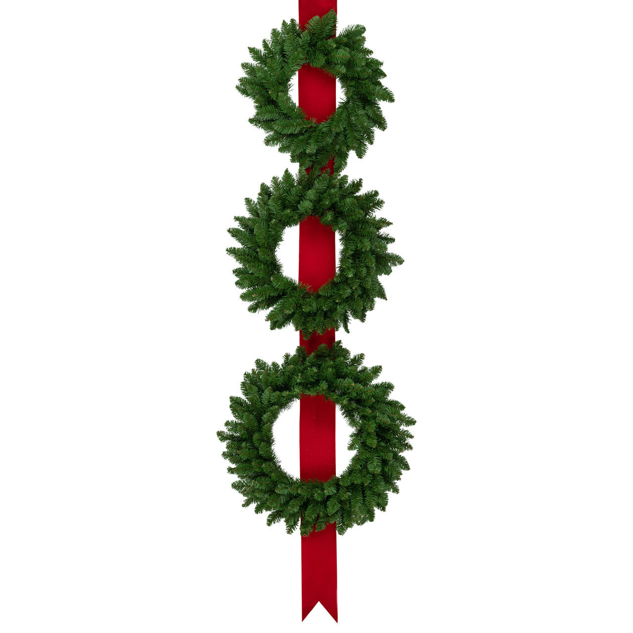 Set of 3 Festive Christmas Wreaths on 6.5' Red Ribbon Hanging Holiday Decor