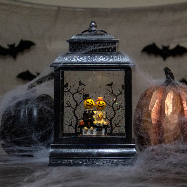 Halloween Snow Globe Lantern 11.5"Lighted Black with Pumpkin Couple