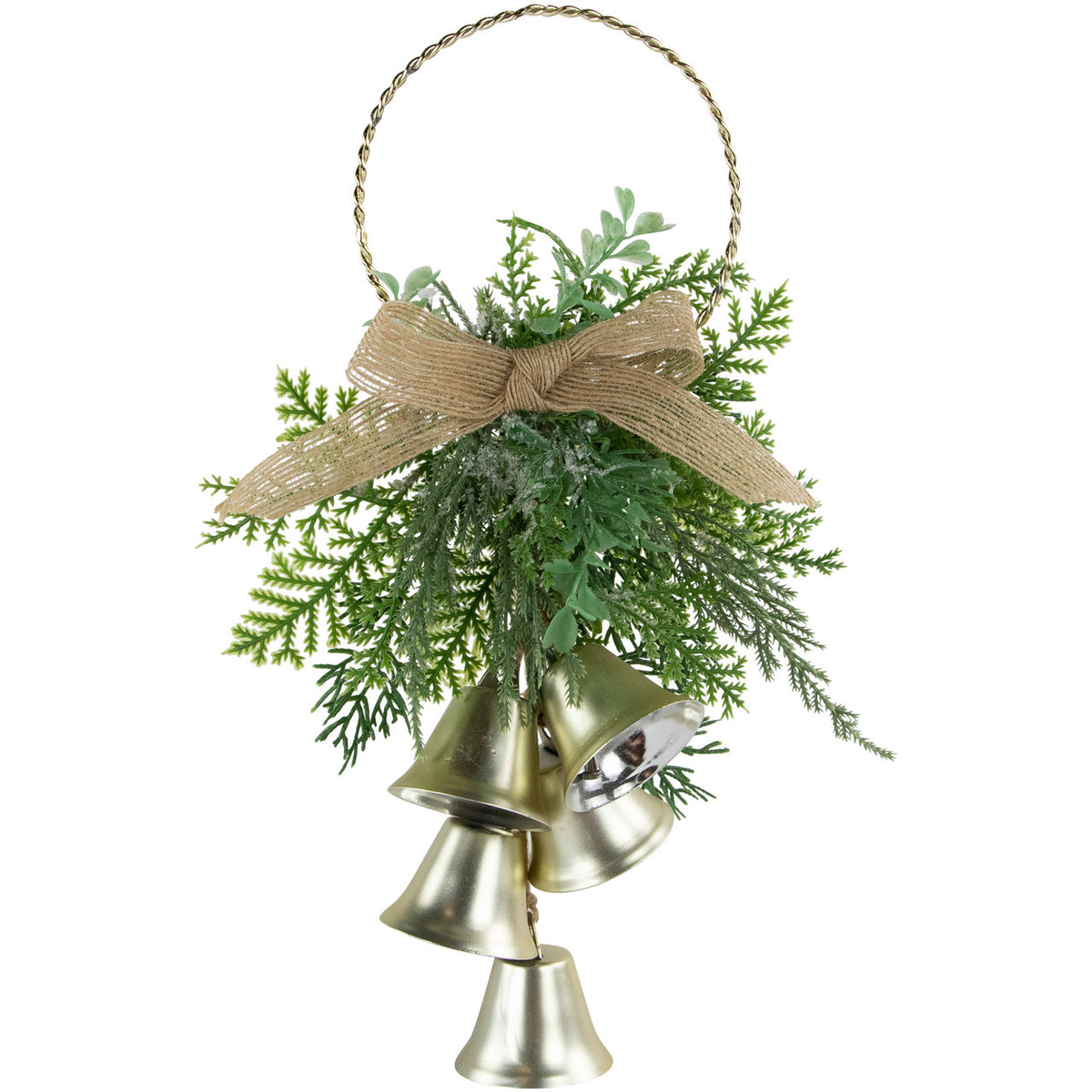 Rustic Christmas Door Hanger: 11.25&quot; Gold Bell Cluster Decoration with Burlap Bow