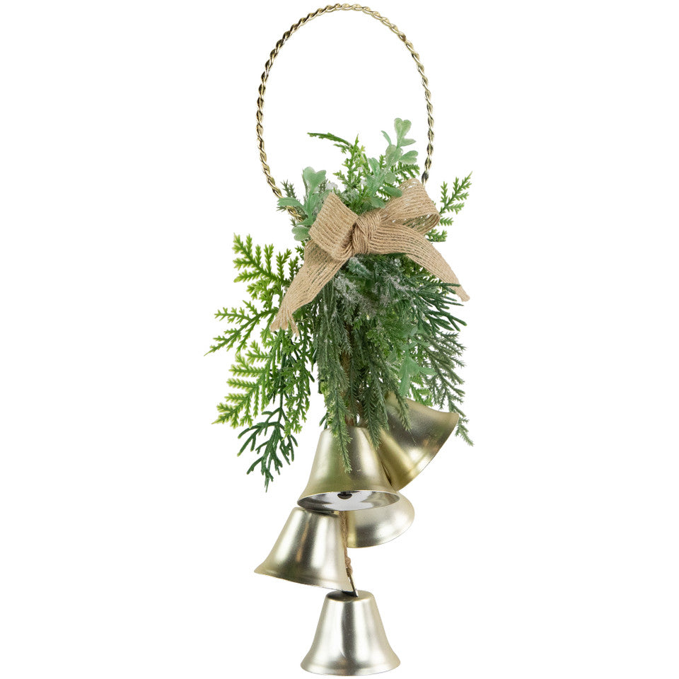 Rustic Christmas Door Hanger: 11.25&quot; Gold Bell Cluster Decoration with Burlap Bow