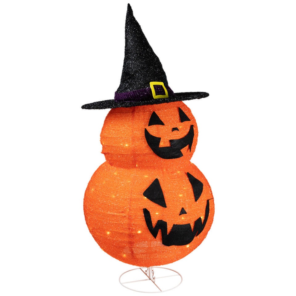 Spooky LED Jack-O'-Lantern Stack with Witch Hat 34-Inch Pre-lit Outdoor Halloween Decor