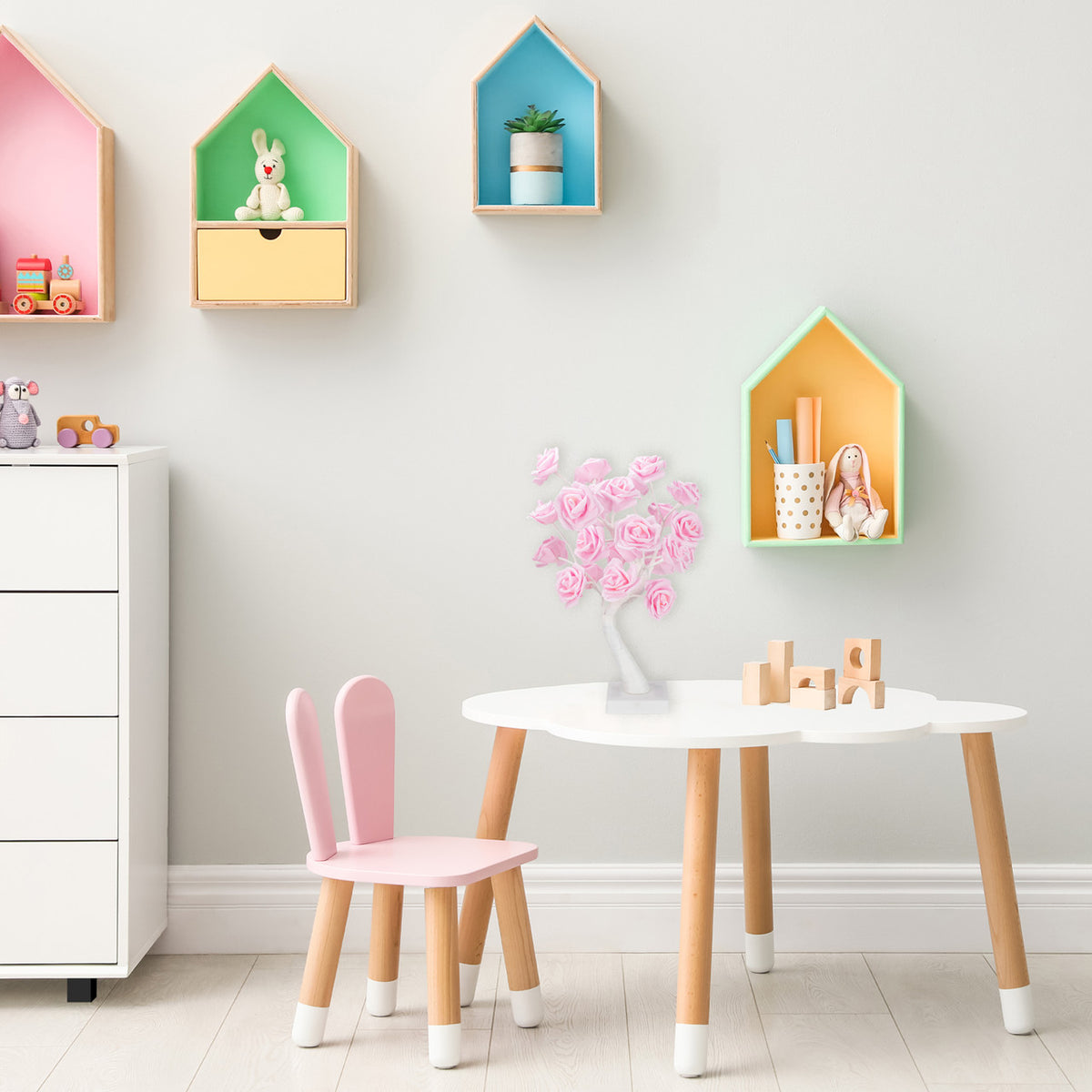 LED Lighted Rose Flower Tree Decoration Warm Lights 17 Inch, Pink and White