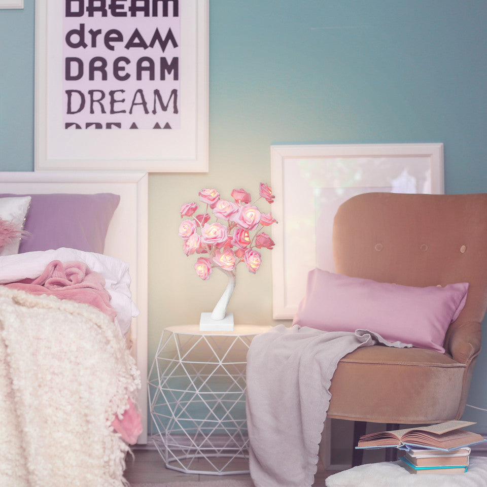 LED Lighted Rose Flower Tree Decoration Warm Lights 17 Inch, Pink and White