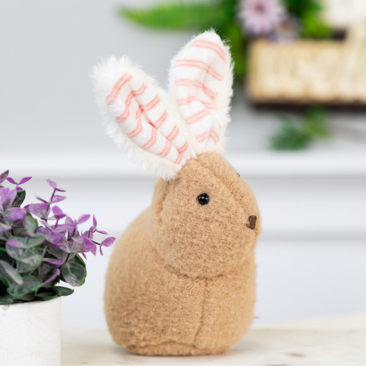 Plush Rabbit with Striped Ears Easter Figurine