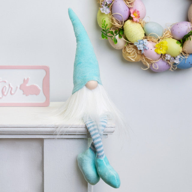 Sitting Spring Gnome Figure 16" Aqua and White