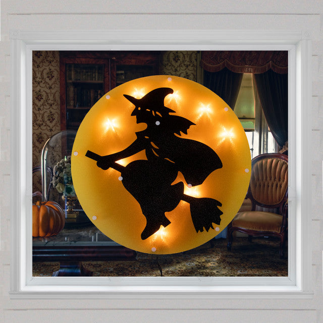 Witch on Broomstick 13.75&quot; Lighted Halloween Window Silhouette