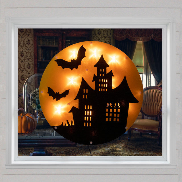 Halloween 13.75&quot; Lighted Haunted House Window Silhouette Decoration