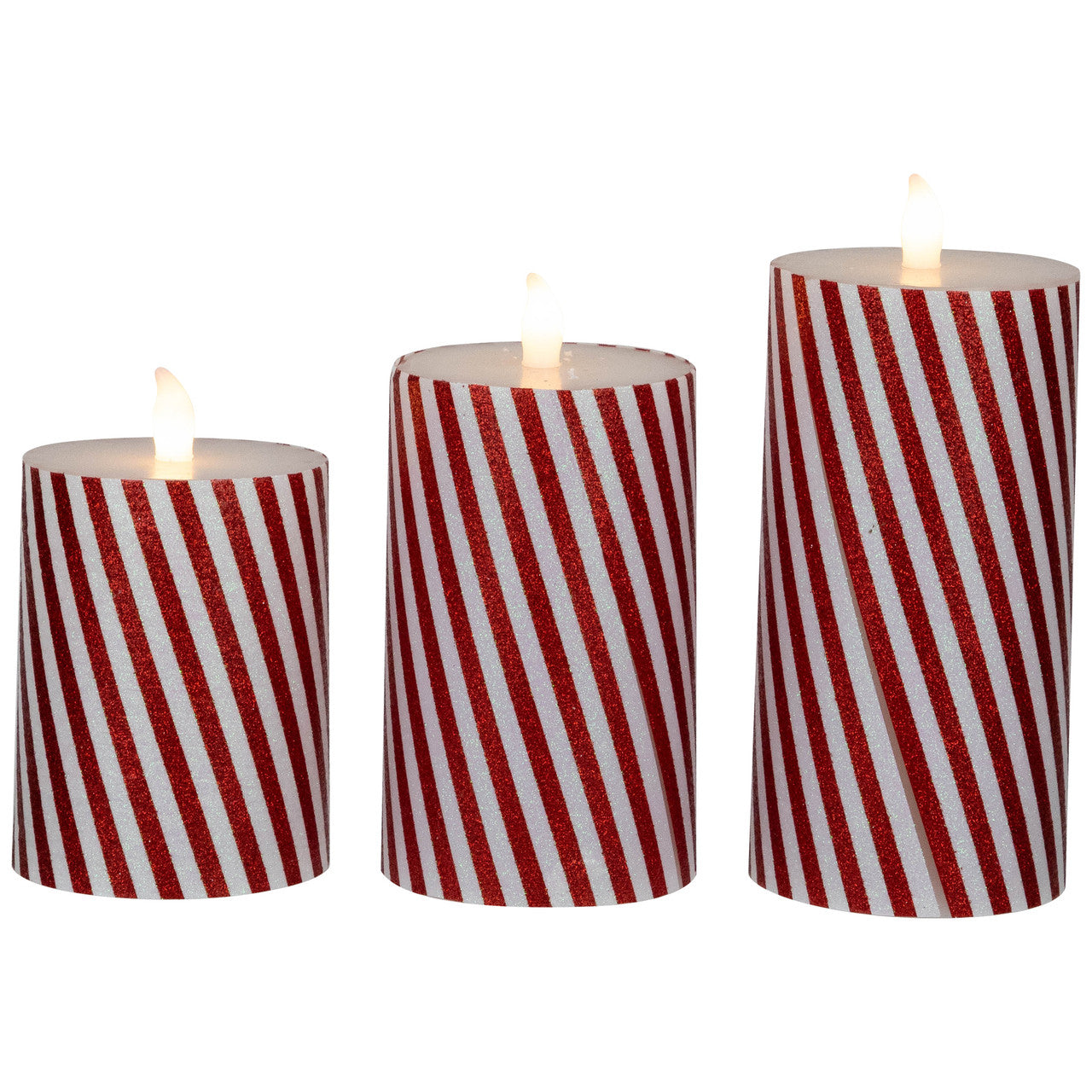 Set of 3 LED Flickering Flameless Candy Cane Striped Christmas Pillar Candles (6 Inch)