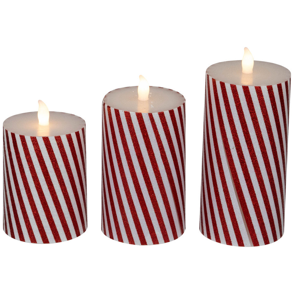 Set of 3 LED Flickering Flameless Candy Cane Striped Christmas Pillar Candles (6 Inch)