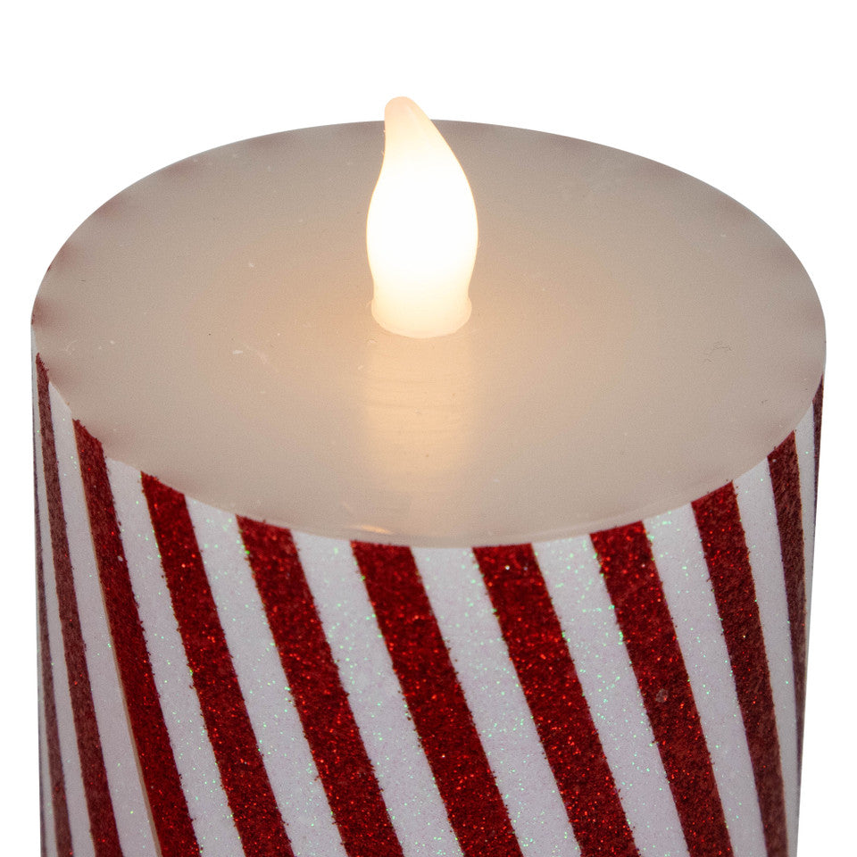 Set of 3 LED Flickering Flameless Candy Cane Striped Christmas Pillar Candles (6 Inch)